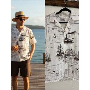 HRH Hawaii Hawaiian Aloha Shirt L Brown White Island Map Ship Print Button Front